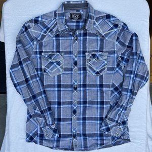 Buckle Black men's 100% cotton blue plaid button down shirt Size L Athletic Fit